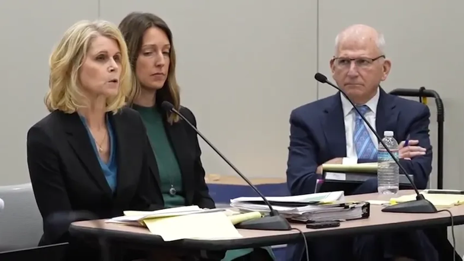 Dr. Caitlin Bernard, (center) flanked by attorneys Alice Morical and John Hoover Thursday, May 25, 2023, before a hearing in front of the Indiana state medical board.